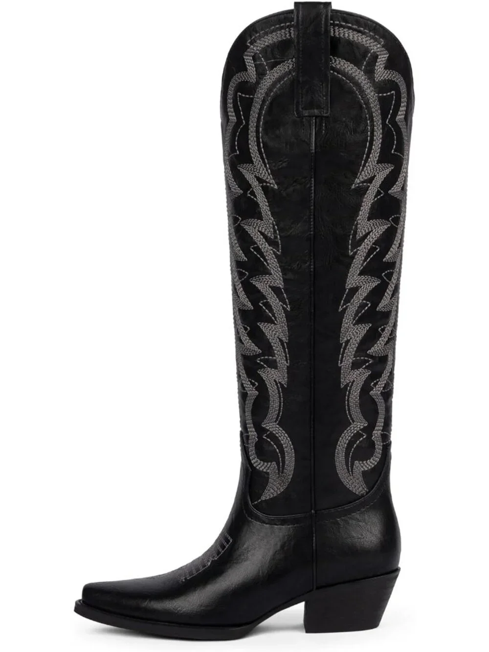 Women's Black Cowboy Knee High Boots Pointed Wide Calf Chunky Heel Cowgirl